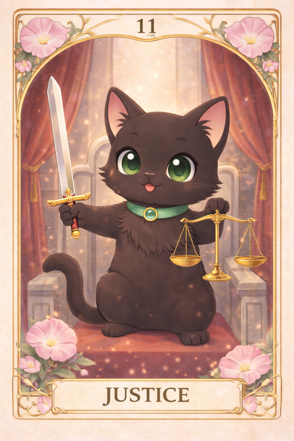 東京朝花オリジナル黒猫タロット「11 Justice」ピンクの牵牛花と正義の象徴